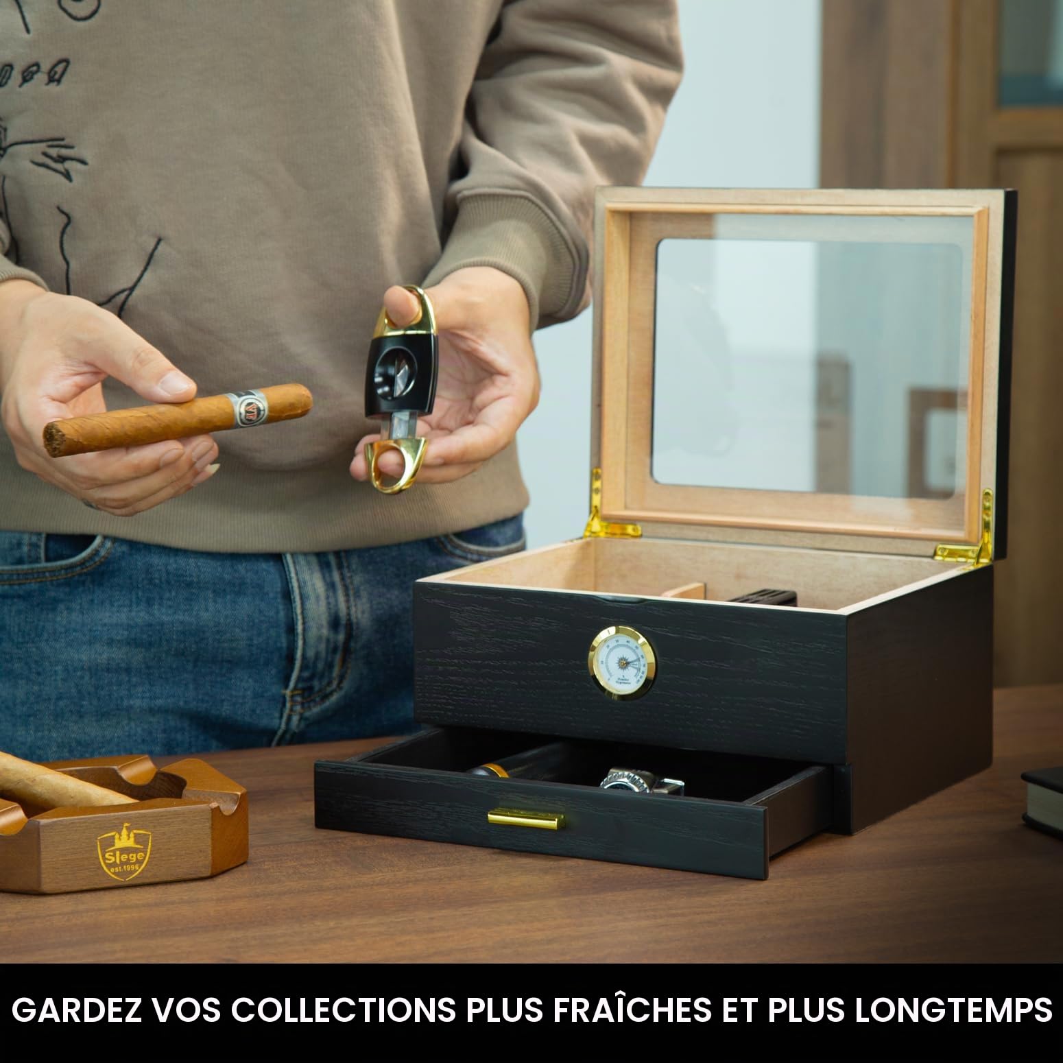 Slege Cave à cigares, Caves à cigares, boîte à cigares en Bois de cèdre Espagnol, Accessoires de cigares, tiroir, avec humidificateur, hygromètre, séparateur, Cadeau pour Homme（Noir）