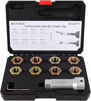 BILITOOLS 10-Piece Axle Spindle and Wheel Stud Thread Chaser Set | Includes M20x1.25, M20x1.5, M22x1.0, M22x1.5, M24x1.5, M24x2.0, 13/16"-20 and 3/4"-20 UNF, 27 mm Extension Bar and Case