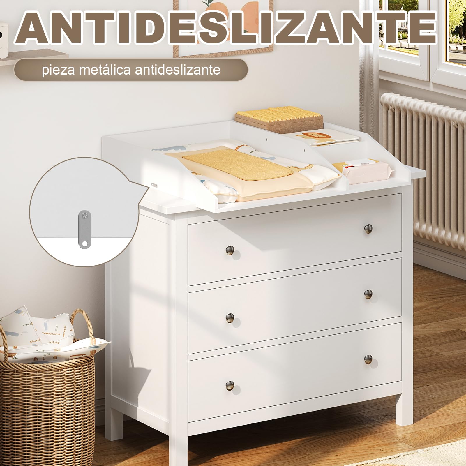 WOLTU Cambiador para Bebé 80x74,5x13,5 cm, Tapa Cambiador de Madera con Estantes de Almacenamiento, Compatible con Cómoda, Lavadora o Armario