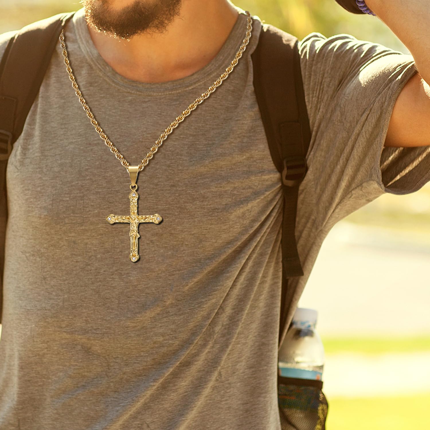 NEGS 18K Gold Plated Crucifix Cross Catholic Christ Pendant Stainless Steel Necklace for Men Women,24 Inch Chain Jesus Prayer Christian Easter Jewelry Gift - Image 5