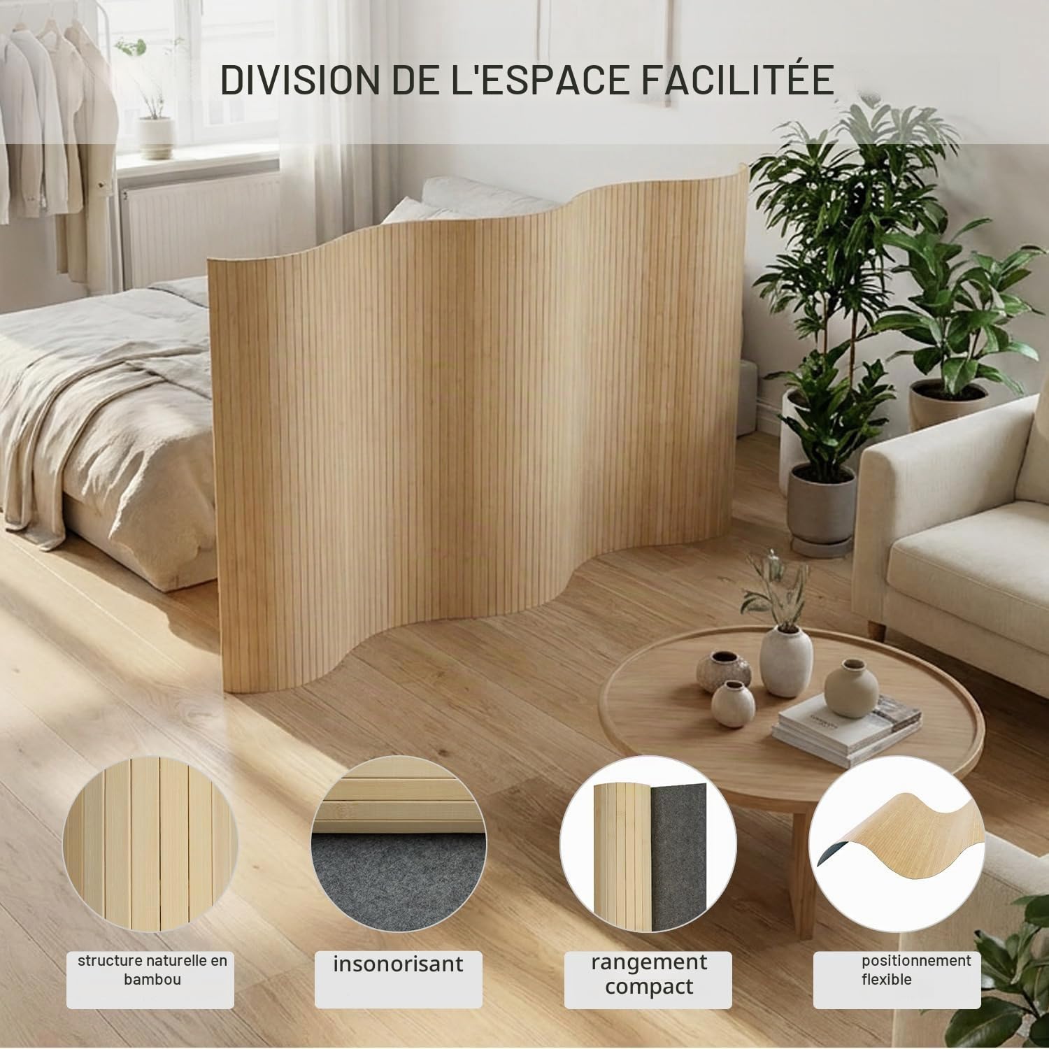 Homestyle4u Paravent en bambou naturel - En forme de vague - 145 cm de haut - Pliable - Brise-vue - Pour appartement, bureau à domicile - Cloison de séparation - Article 3140