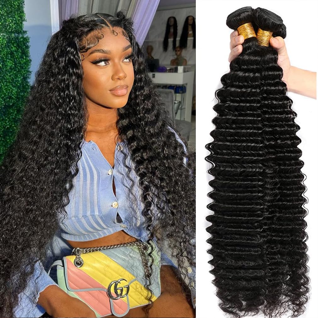Perstar Deep Curly 4 Bundles Virgin Human Hair Weave Bundles for Black Women 150% Density Unprocessed Remy Hair Bundles Brazilian Hair Extensions Natural Black (22 24 26 28)
