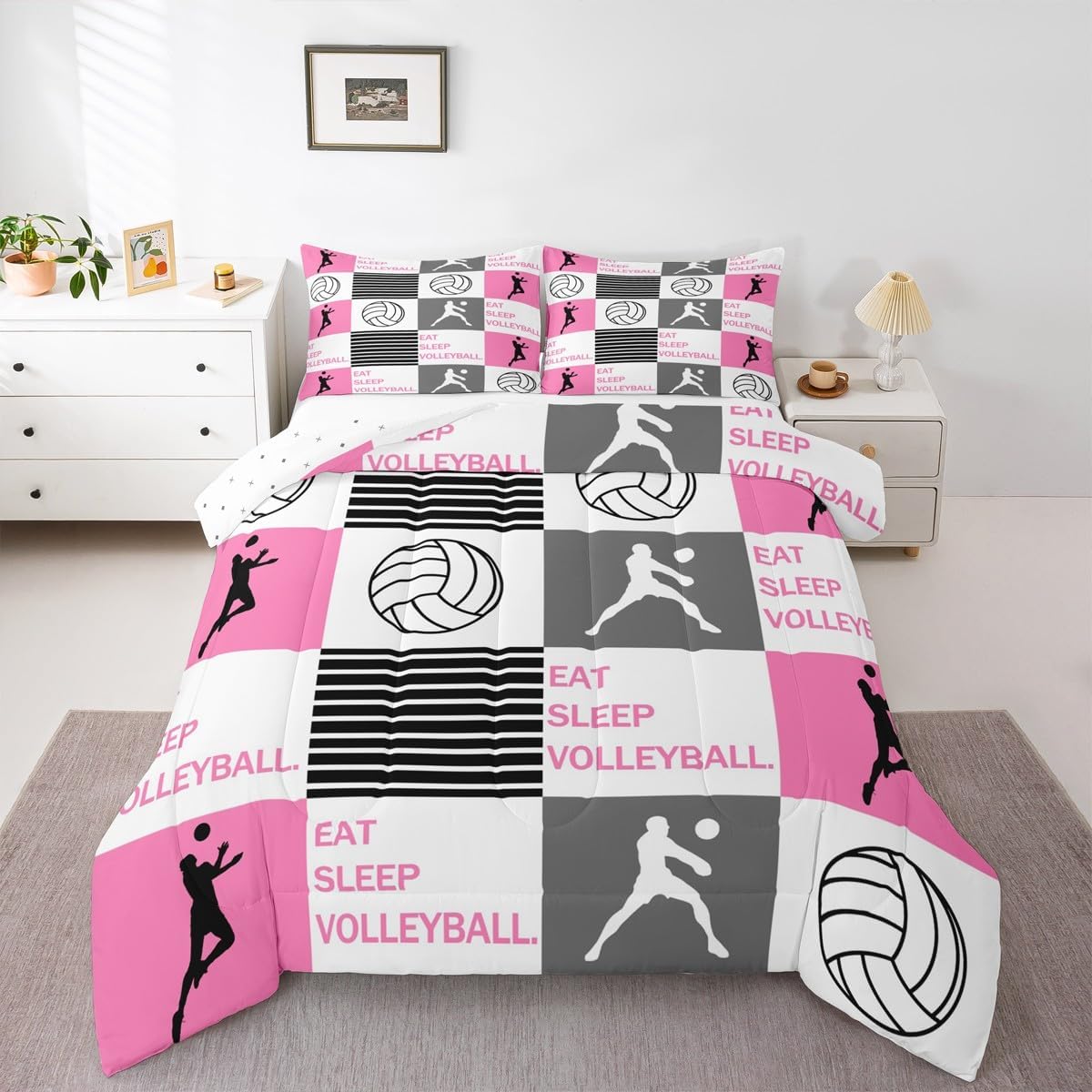 Feelyou Volleyball Comforter Set for Kids Boys Girls Sports Game Comforter Twin Size Volleyball Player Bedding Set Bedroom Decor Pink White Black Duvet Set Quilt Set 2Pcs