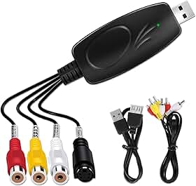 Placa de captura de áudio e vídeo USB 2.0, digitalização de vídeos antigos, VHS VCR TV para conversor de DVD, adequado para Mac OS e Windows 10/8/7/XP/Vista, com um cabo de extensão RCA de 100 cm e CD