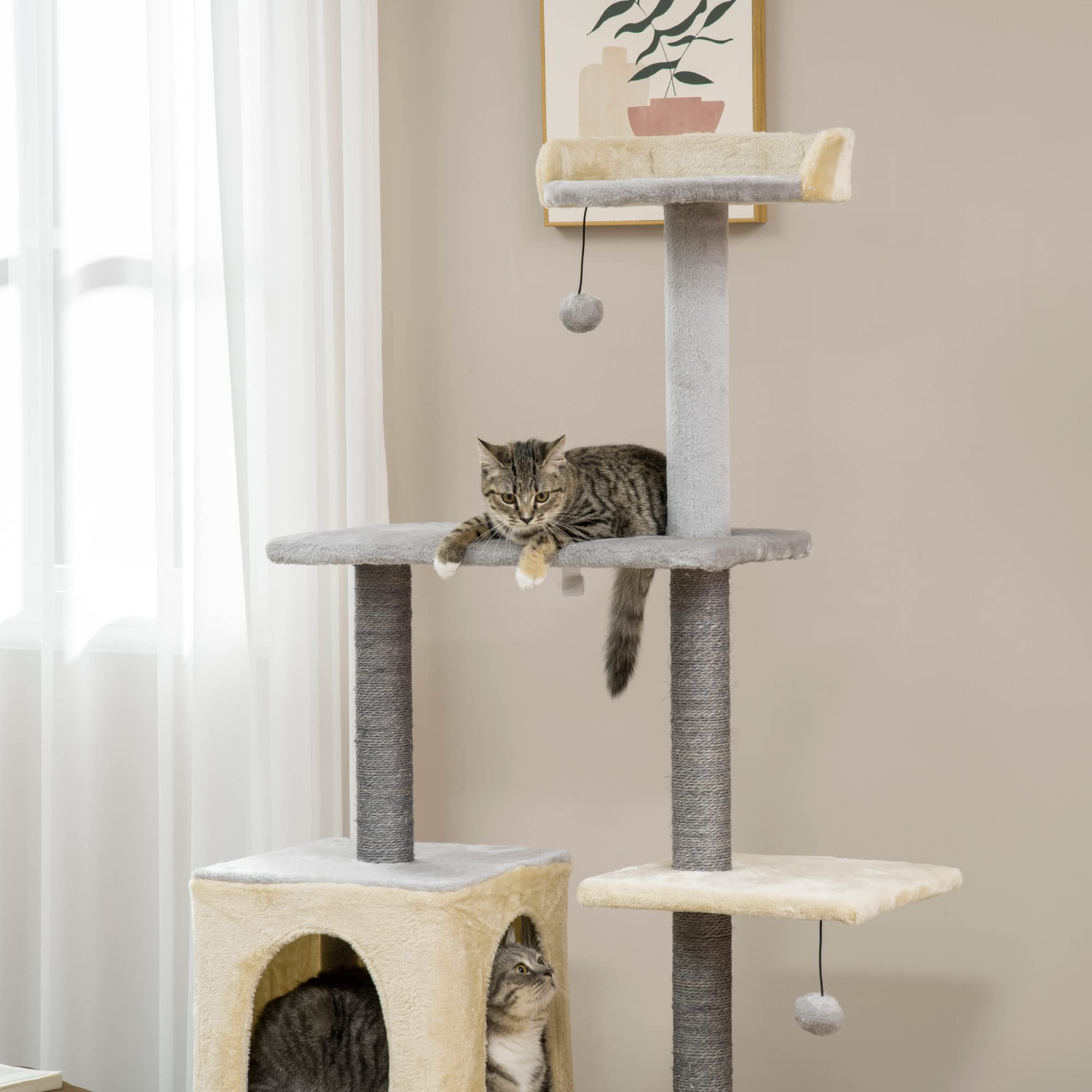 PawHut Tiragraffi per Gatti Alto 156cm con Lettino e Casetta Grigio e Beige | Pali Tiragraffi in Sisal, Legno e Peluche