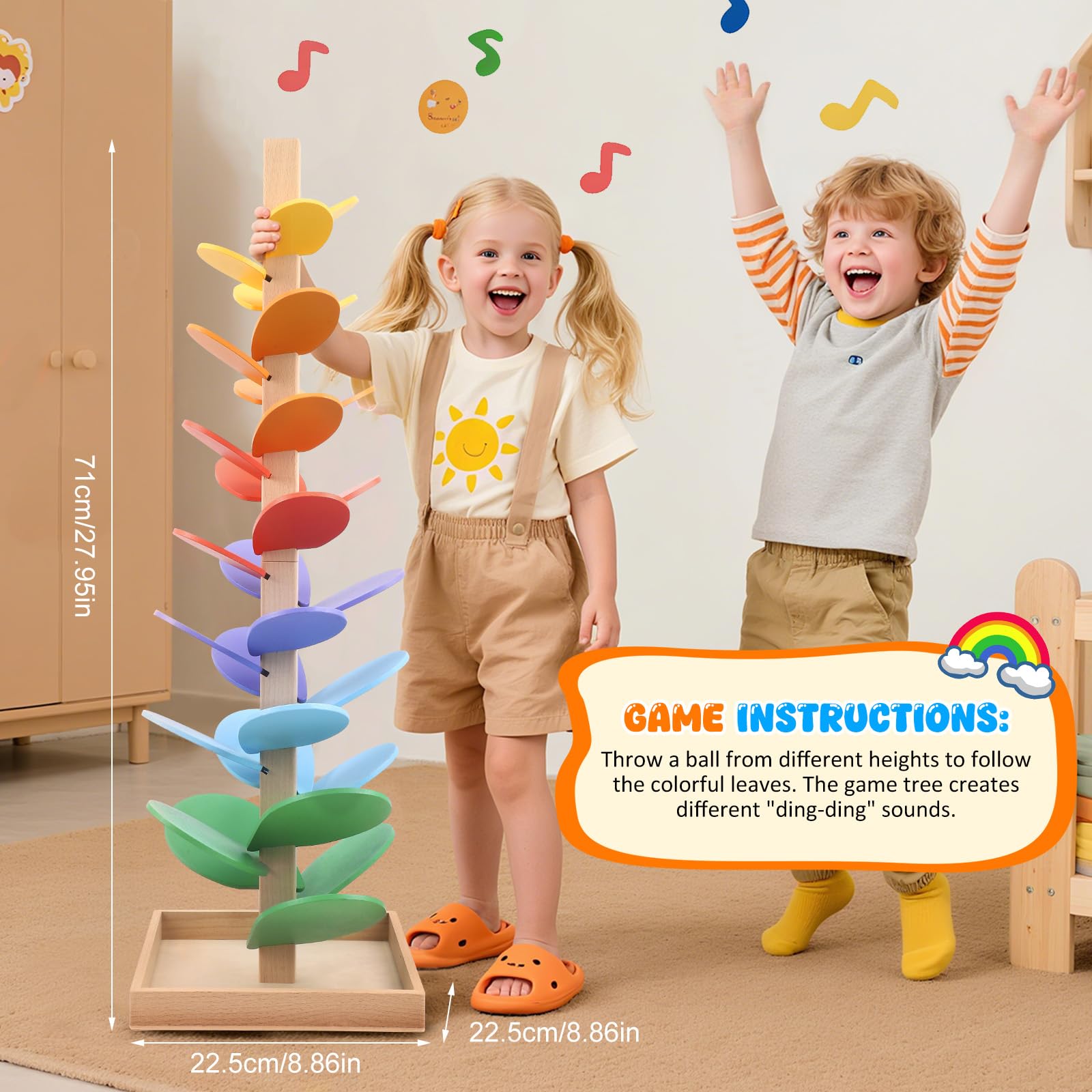 Montessori Sound Tree, 71CM Wooden Rainbow Musical Tree with 10 Colorful Balls, 6 Colors, Music Tree Wooden Marble Run - Image 4