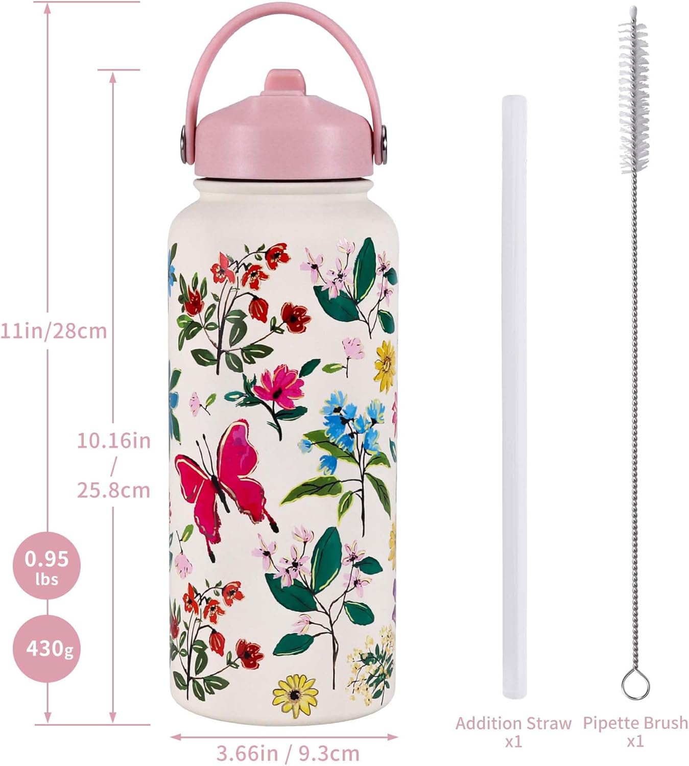 Goetland Flowers Water Bottle Beverage Bottle with Straw Lid 32 oz Stainless Steel Wide Mouth Vacuum Insulated Cute UV Printing Leak Proof For Women Girls Kids Little Pink - Image 2