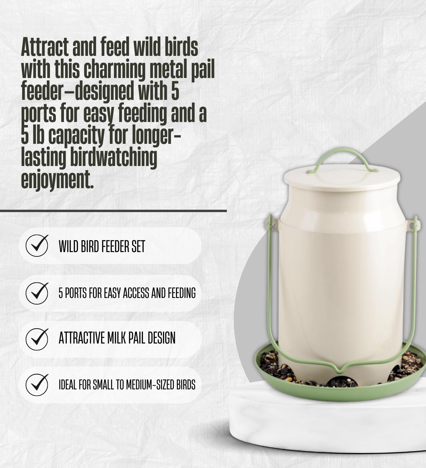 Perky-Pet - Cubo de Leche de Metal para pájaros Silvestres de 5 Libras, Paquete de 5 Puertos con Cuchara de Comida para Mascotas, comedero enjaulado de Gran Capacidad Que Ayuda a disuadir pájaros y