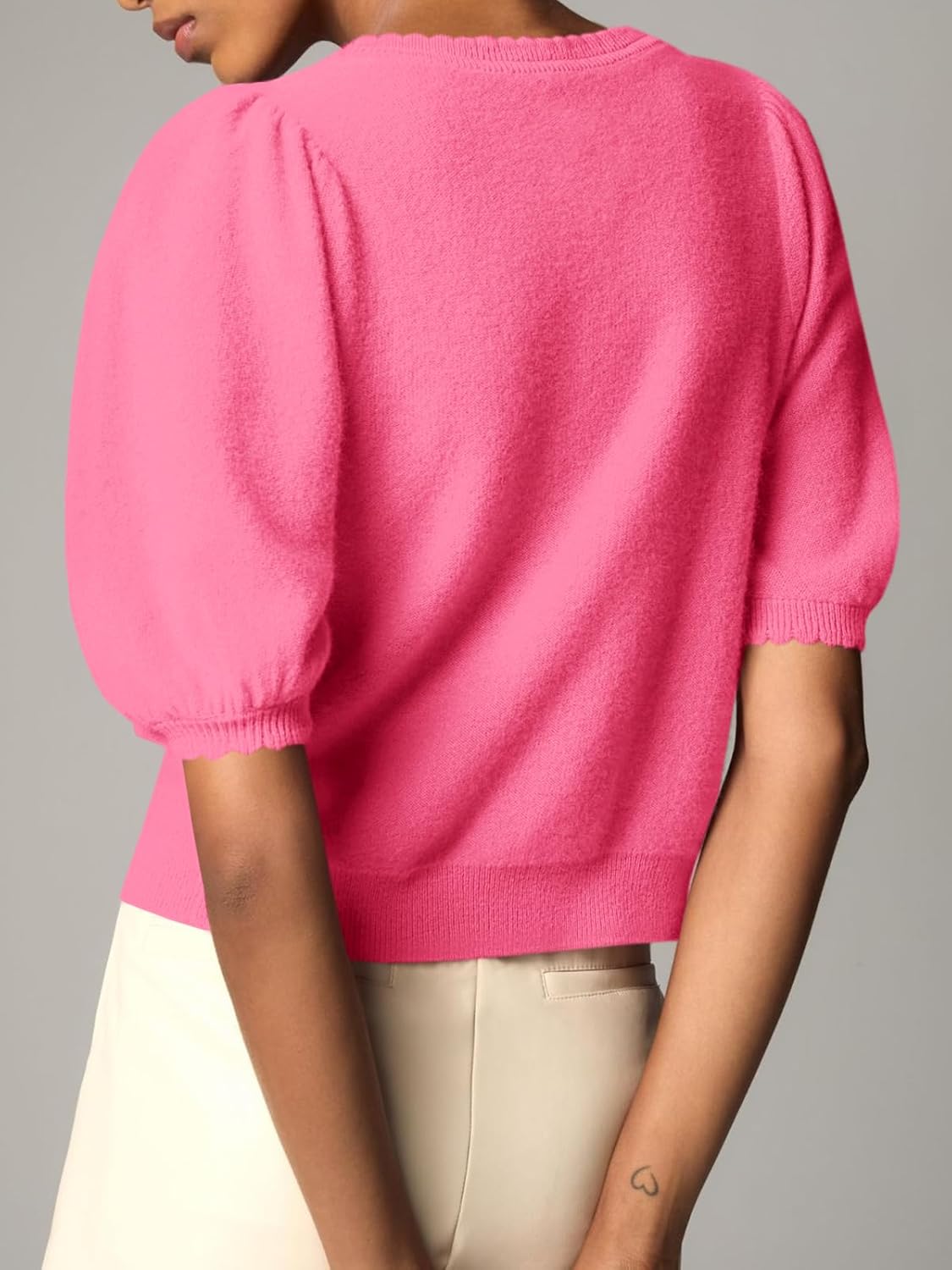 Saodimallsu Womens Puff Short Sleeve Cardigan Lightweight Summer Button Down Shirts Knit Crew Neck Sweater Tops - Image 5