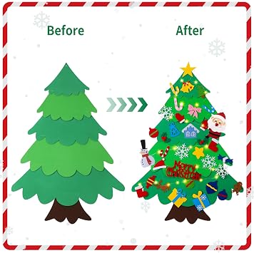 DIY Felt Christmas Tree for Toddlers 3.6ft with 35 Detachable Decorations, Christmas Decorations with String Light (Batteries Not Included), Wall Hanging