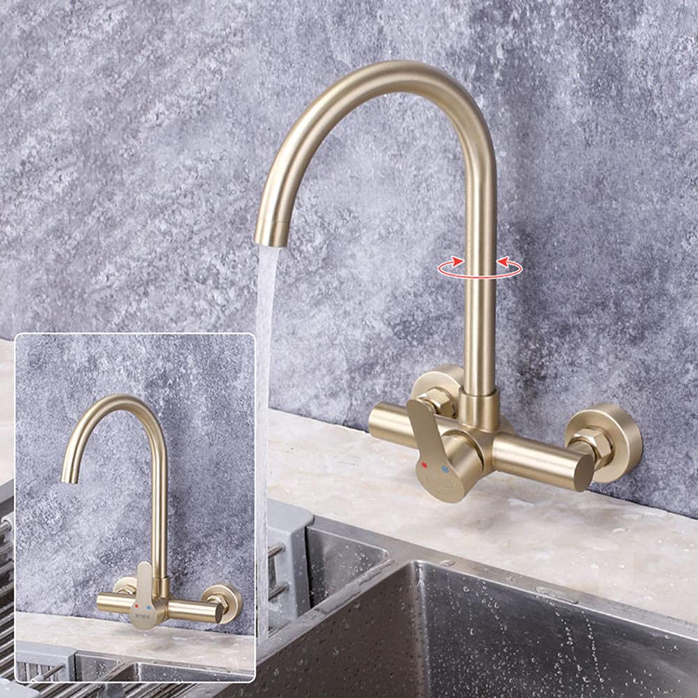 Grifo Cocina de Pared Grifos de Cocina Acero Inoxidable Agua Fria y Caliente Giratorio Doble Orificio Grifo Fregadero Cocina-Oro Cepillado