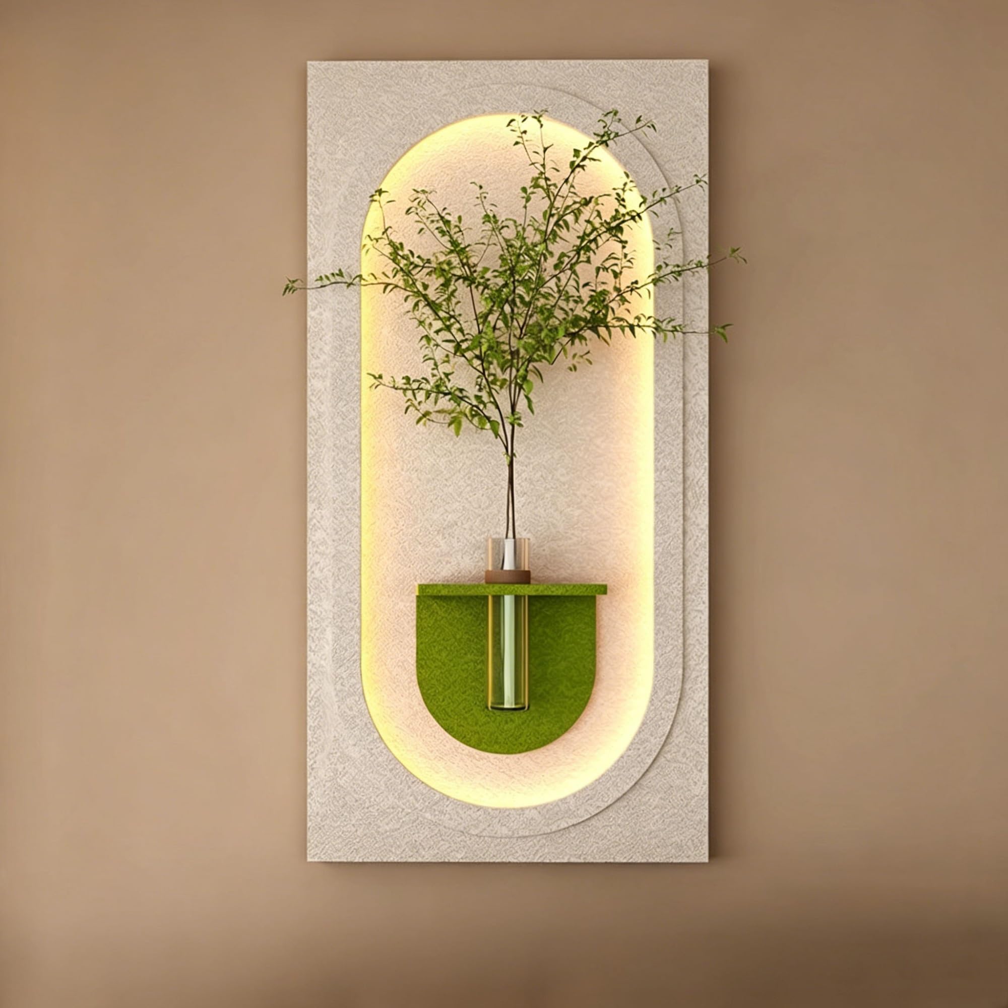 OEPCHEFACX 3D Sandstone Wall Art with LED Lights, Plug-in Ambient Wall Decor with Glass Vase Artificial Plants, Modern Textured Mural for Entryway Living Room Bedroom(B2,120 * 60cm/47.2 * 24in)