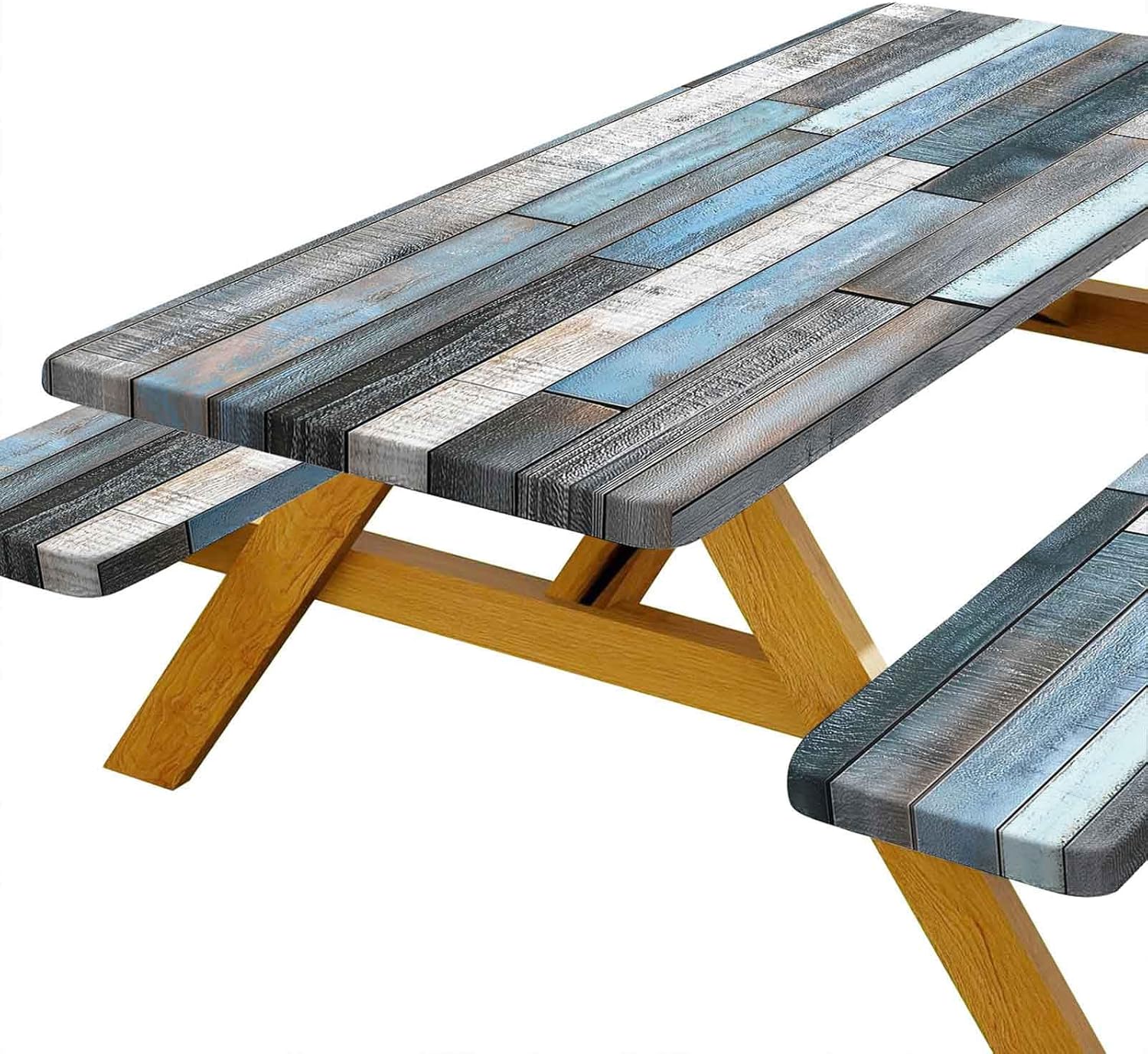 JAWO Picnic Table Cover with Bench Covers Rustic Wood Farmhouse Waterproof Windproof Fitted Outdoor Patio Camping Rectangle Tablecloth Washable 60x30 Inch Elastic Edges Blue Grey
