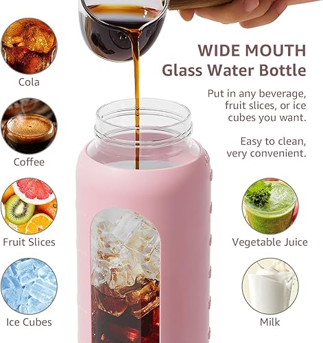 Miniatura 5 de Botellas de agua de vidrio de 64 onzas con tapa de popote y asa, botella de agua de medio galón con funda y correa de silicona, botella de vidrio
