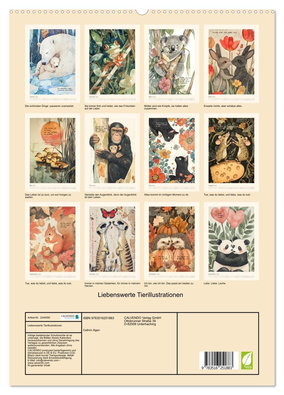 Liebenswerte Tierillustrationen (hochwertiger Premium Wandkalender 2026 DIN A2 hoch), Kunstdruck in Hochglanz: Gezeichnete Tierdarstellungen und herzige Sprüche - KI generiert (CALVENDO Tiere)