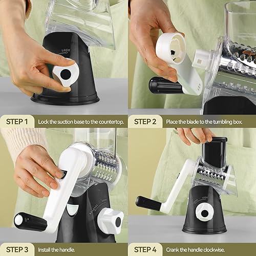 Miniatura 5 de Rallador de queso giratorio con 3 cuchillas intercambiables, rallador manual de manivela para cocina, triturador de queso para queso, chocolate,