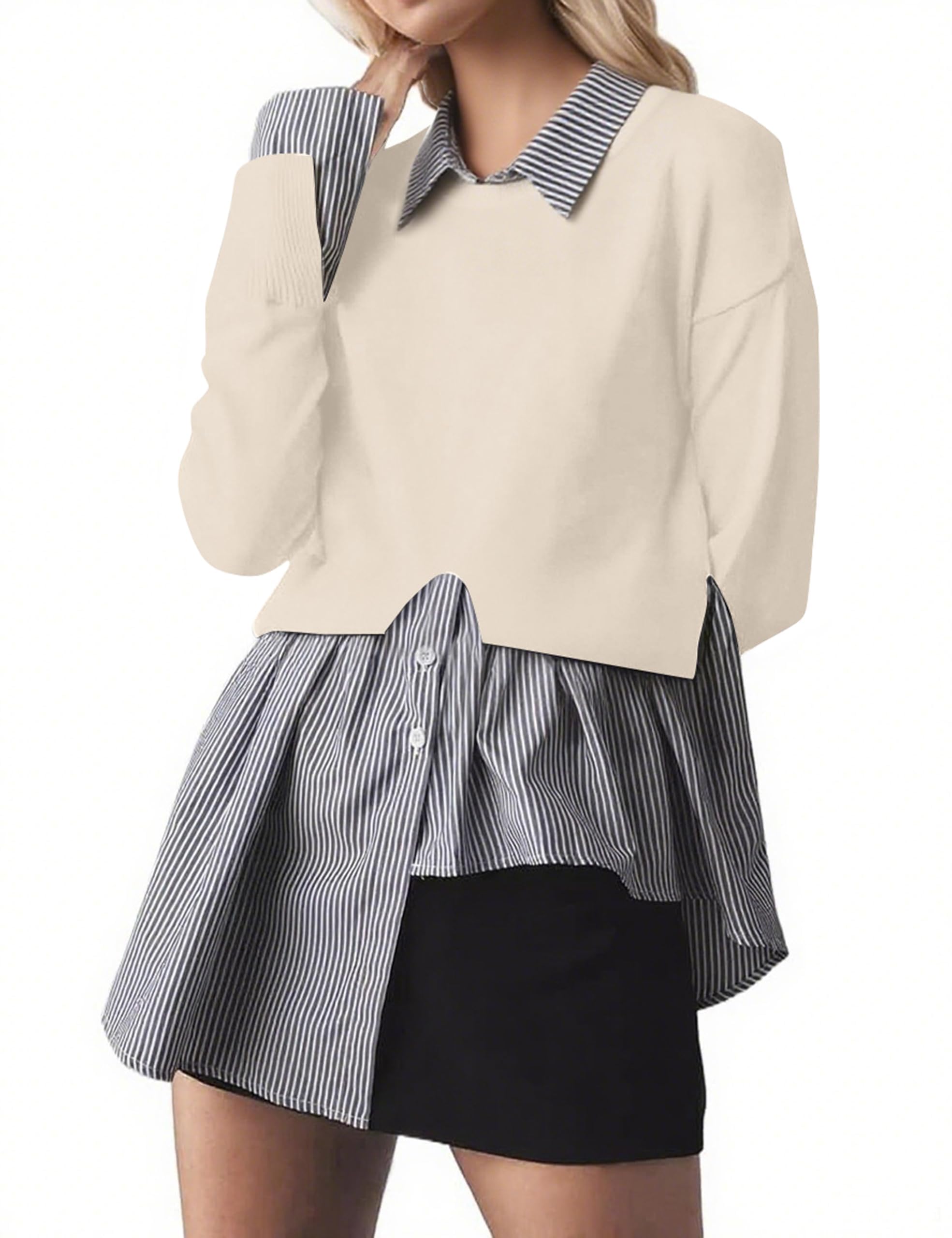 Women Asymmetrical Patchwork Sweaters Lapel Collar 2 in 1 Sweater Slit Asymmetrical Hem Button Down Shirts Top
