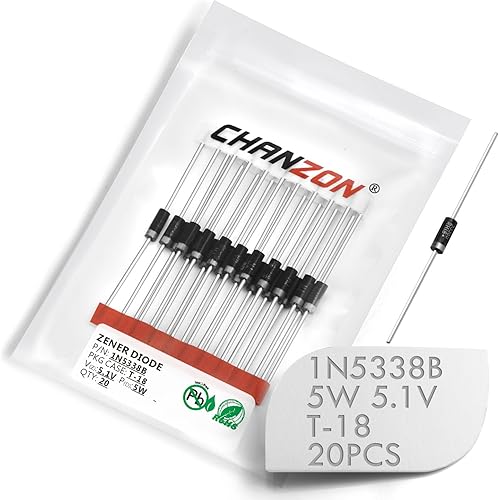 Paquete de 20 unidades Chanzon 1N5338B 1N5338 Power Zener Diodo 5W 5.1V T-18 (CASE17-02) Diodos axiales 5 vatios 5.1 voltios 5V1