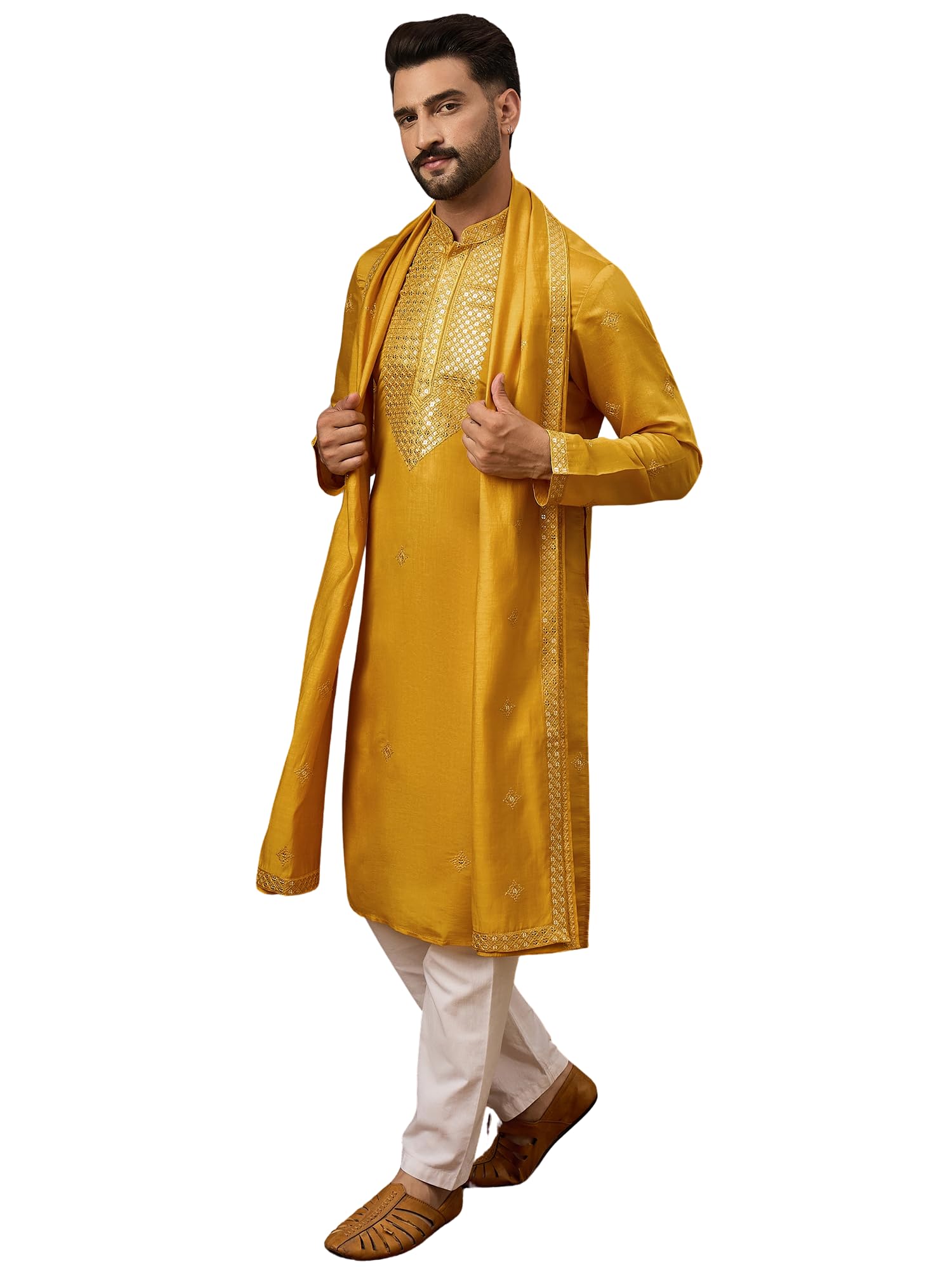 ethnic bay Men'S Yellow Silk Blend Solid Embroidered Design Calf Length Kurta Set | Men'S | Embroidered Design Kurta Set For Men | Straight Fit Kurta For Men-picture-31
