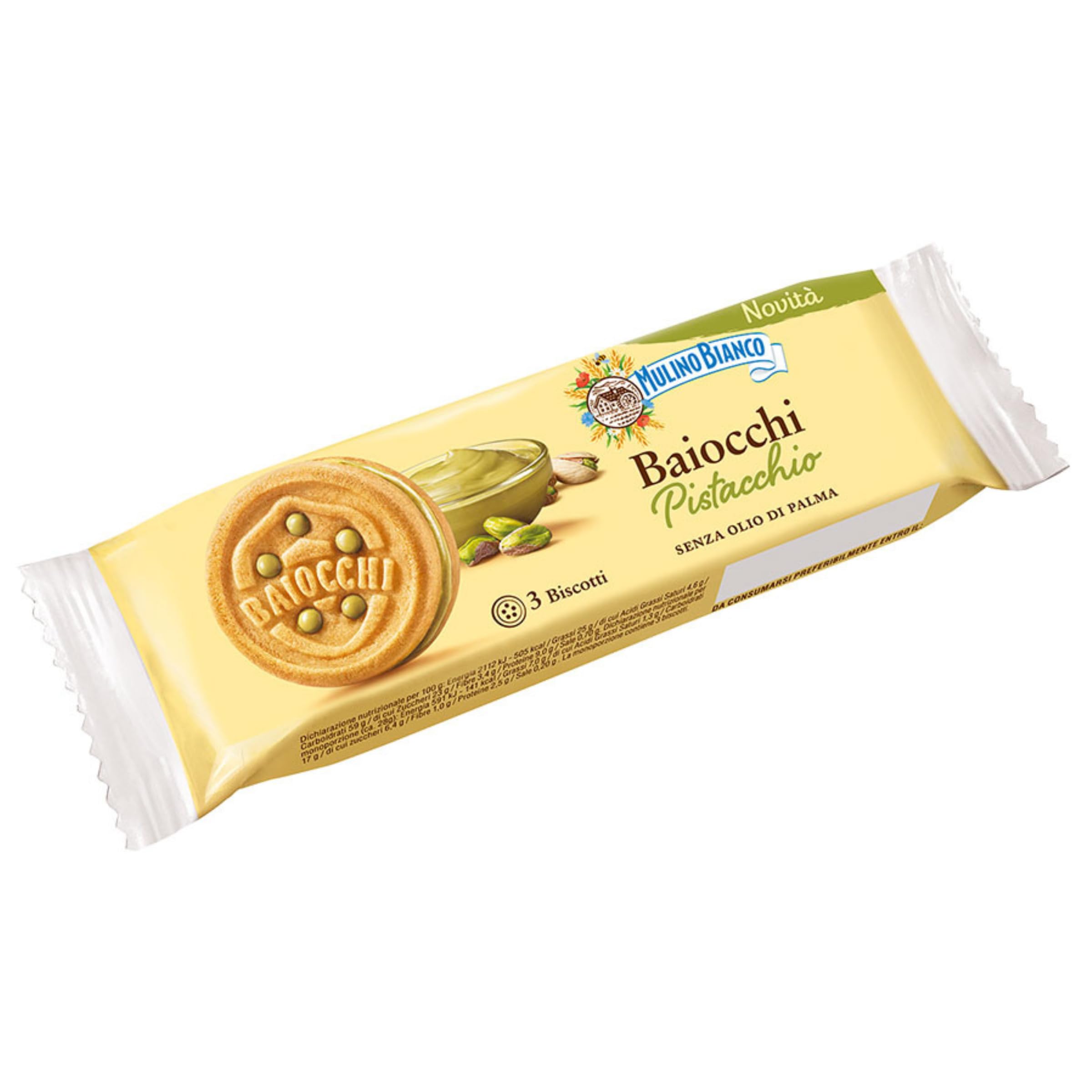Mulino Bianco Baiocchi Pistacchio Confezione da 42 Snack T3 Biscotto Ripieno con Crema al Pistacchio