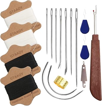 GTAAOY Professional Waxed Thread Sewing Kit - 4 Spools Black, White 131.2 Yards, 9 Heavy Duty Needles, Threader, Thimbles & Seam Ripper for Leather, Upholstery, Canvas Repair