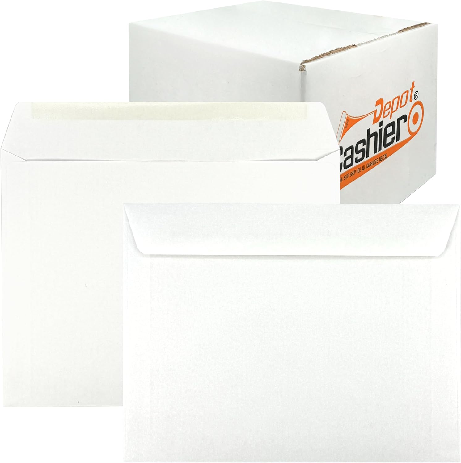 500 Cashier Depot - 10" x 13" Booklet Envelopes, Heavy 28 lb White Wove Paper, Open Side Design, Gummed Flap, 500 Count