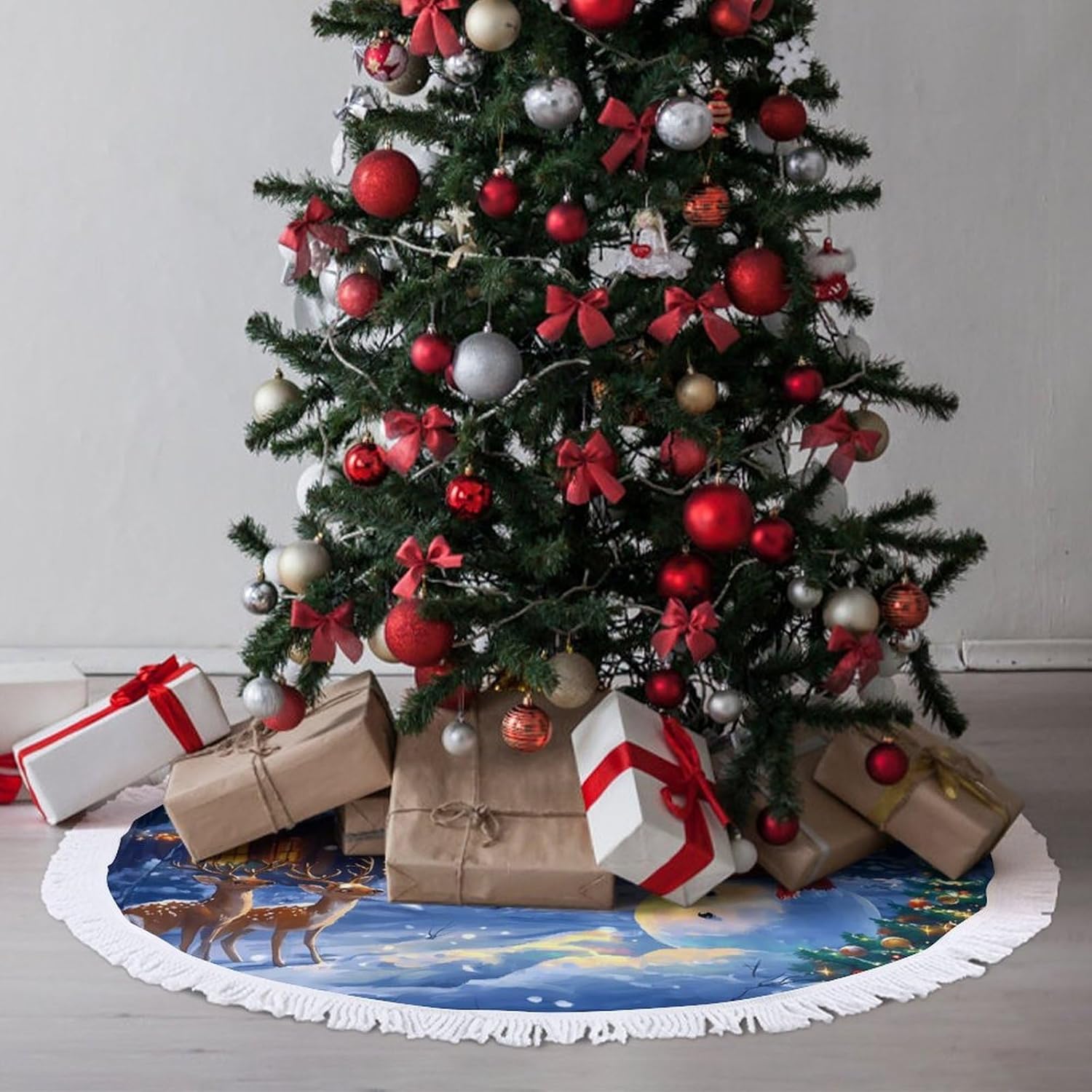 Christmas Deer Snowy Christmas Tree Skirt Round Xmas Tree Mat Ornaments Tree Skirts with Tassels for Holiday Party