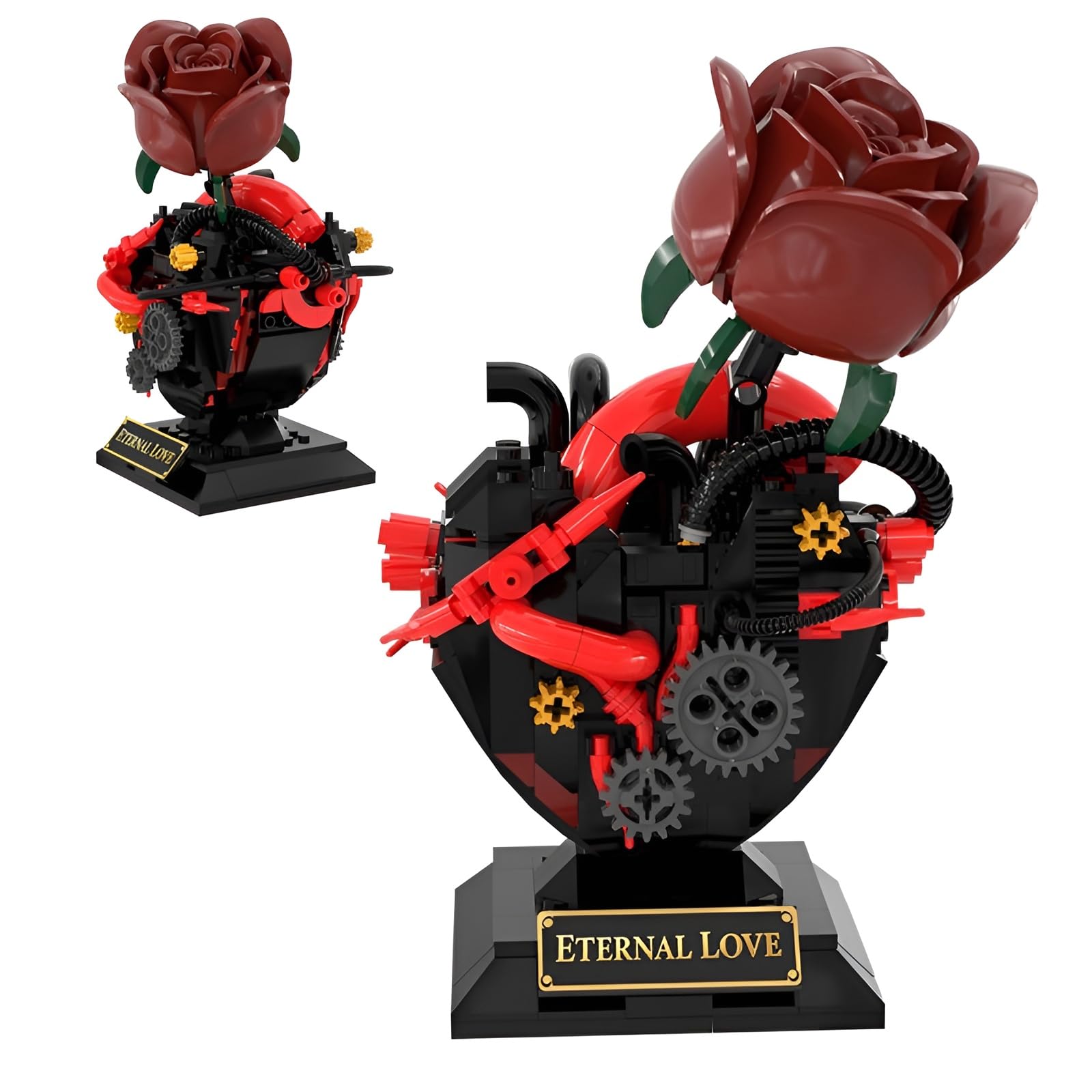 Steampunk Heart Rose Building Set, Mechanical Eternal Love Flower Model, Creative Gothic Decor for Adults, Unique Valentine's Romantic Gift, Collectible Display Brick Kit for Teens Adults