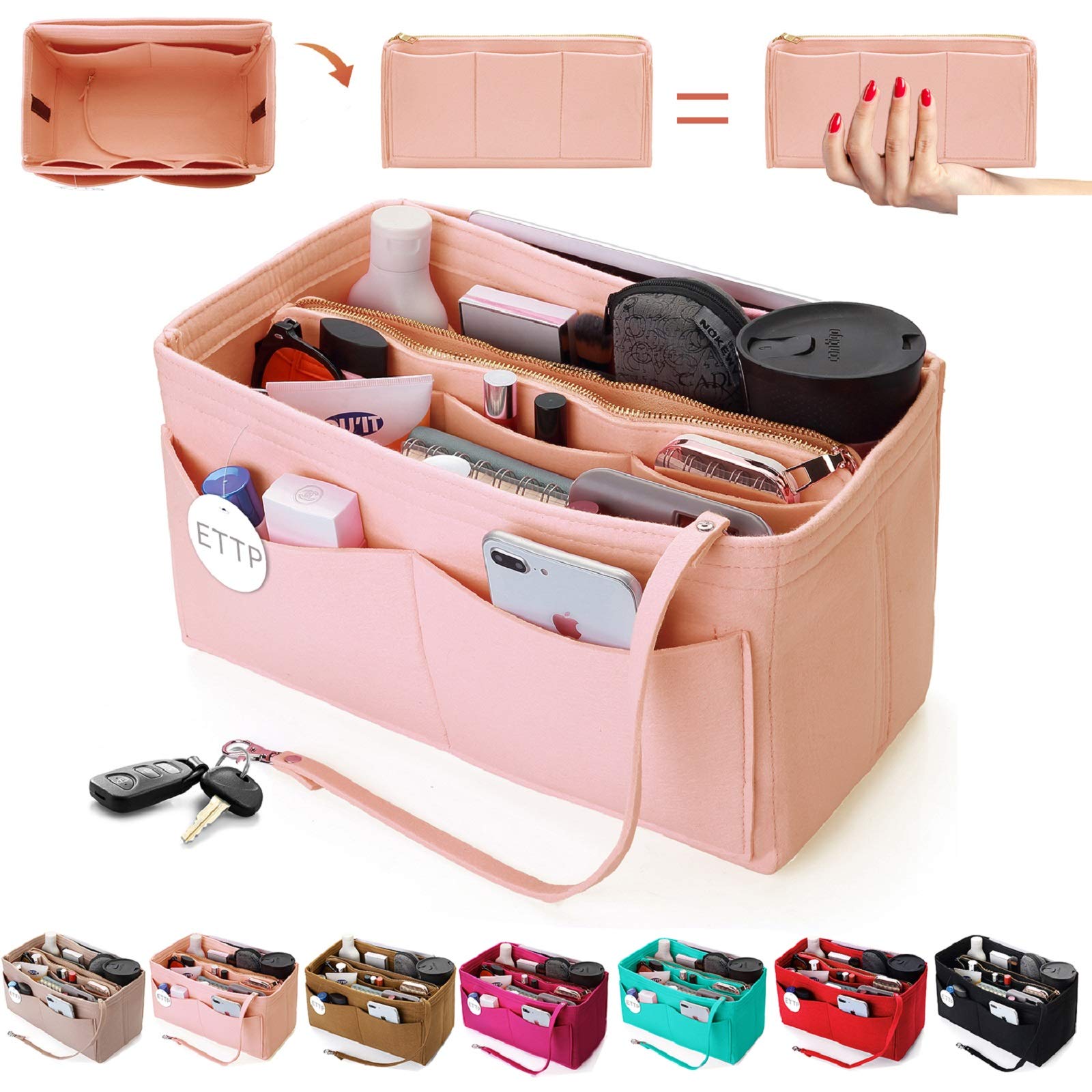 Organizador de bolsos, inserto organizador de fieltro con cremallera de metal, organizador de bolsos para rápido, nunca completo, bolso, bolso de mano, 7 colores y 5 tamaños