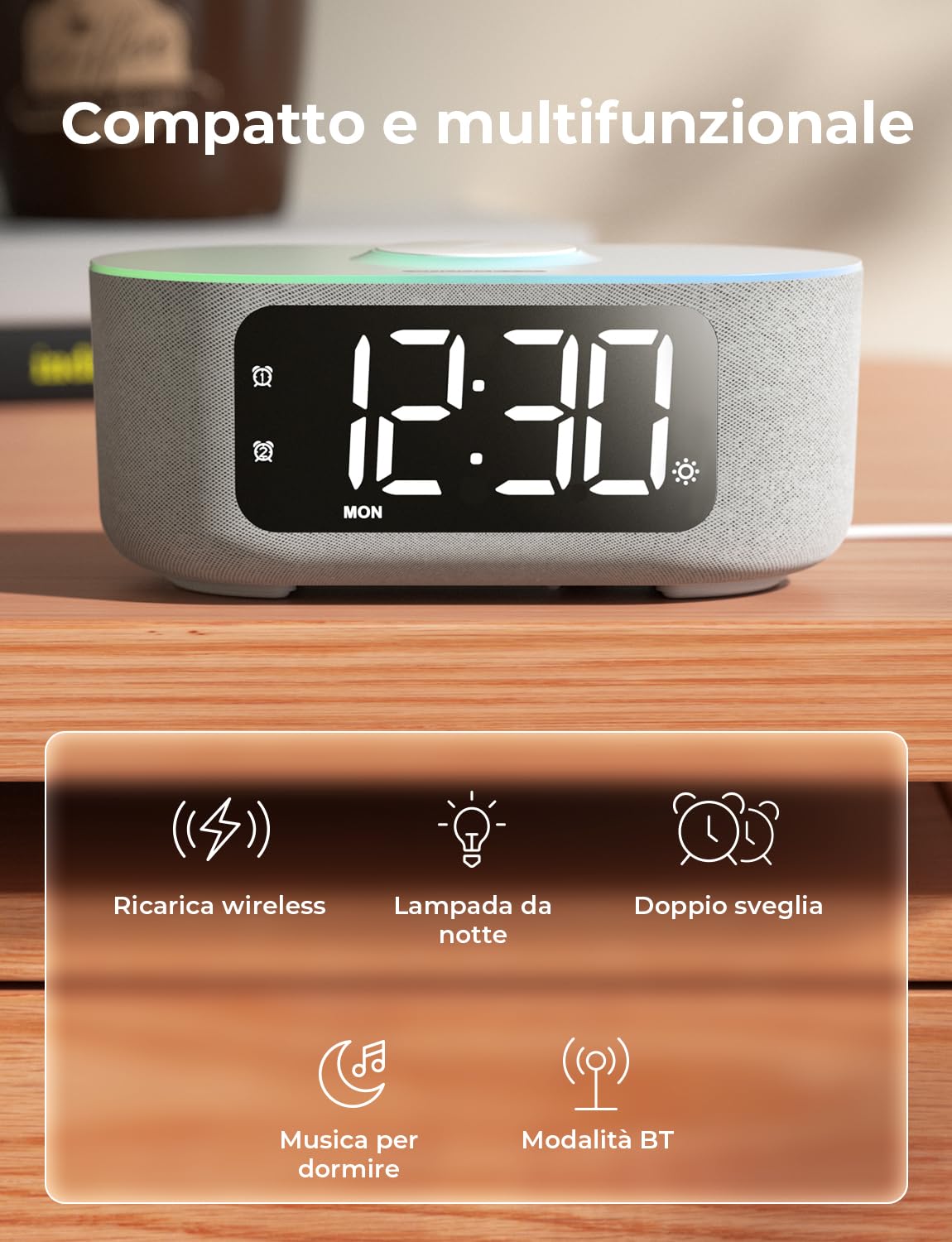 LIORQUE Sveglia Digitale Da Comodino Con Ricarica Wireless Da 15 W, Bluetooth,Doppi Allarmi, Snooze, Luce Noctturna, Timer Di Spegnimento, 10 Luminosità, 16 Livelli Di Volume,per Camera Da Letto