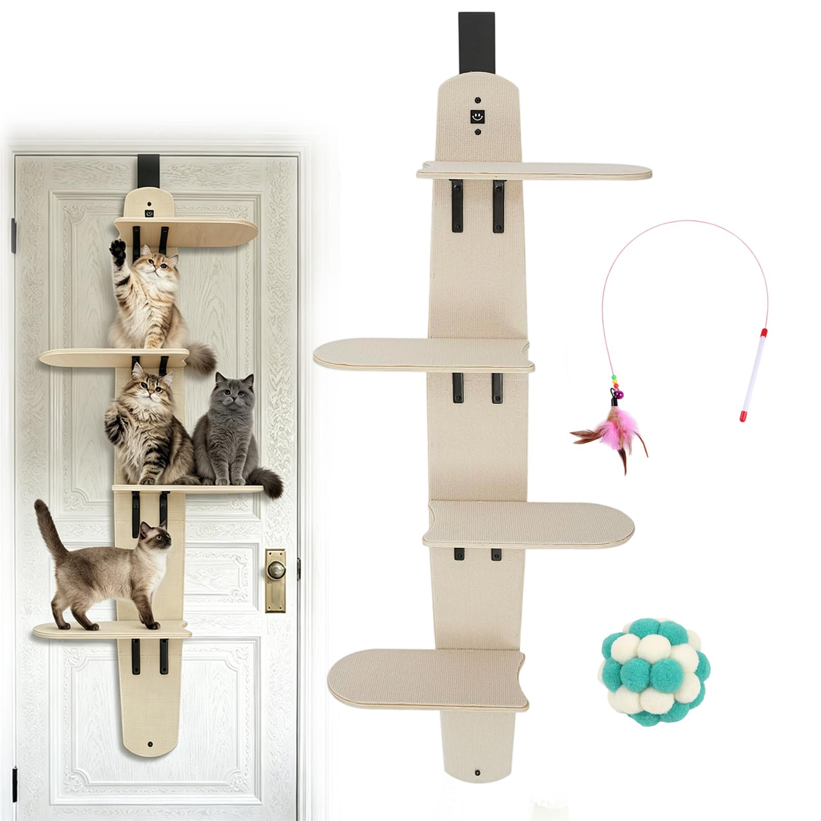 Tiragraffi A Torre per Porta A 4 Livelli, Mensole Da Parete per Gatti, Mensola per Gatti Da Appendere Alla Porta Versatili, Montate In Legno per Famiglie, Negozi Di Animali E Gatti (1PC)