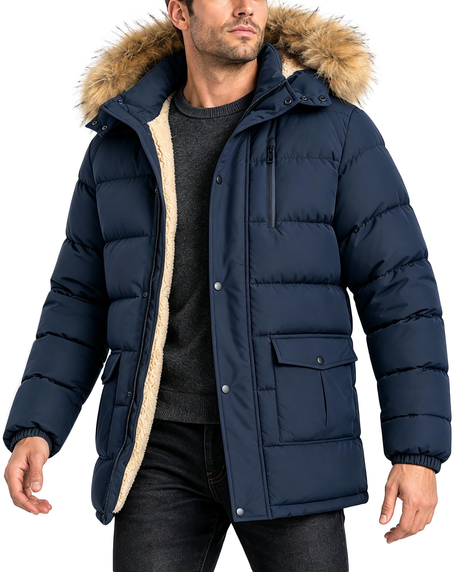 ZITY Men's Winter Jacket Thicken Sherpa Lined Fleece Parka Long Outerwear Fur Coats Water-Resistant Windproof Hooded Jackets