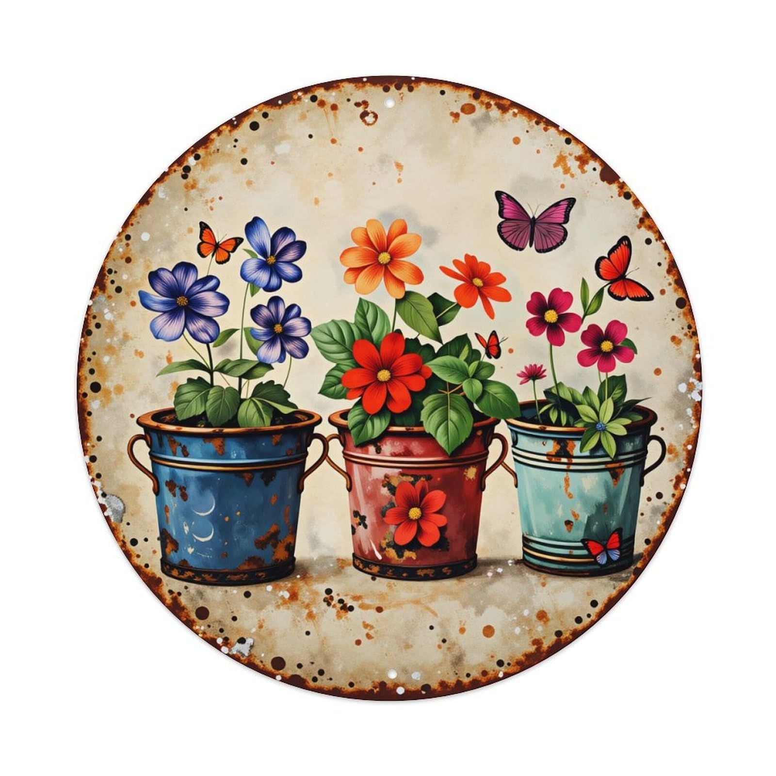 Floral Pots Butterflies Colorful Garden Round Tin Sign Vintage Style Metal Sign Home Bar Garden Wall Plaque Decor Metal Poster 8x8 Inch