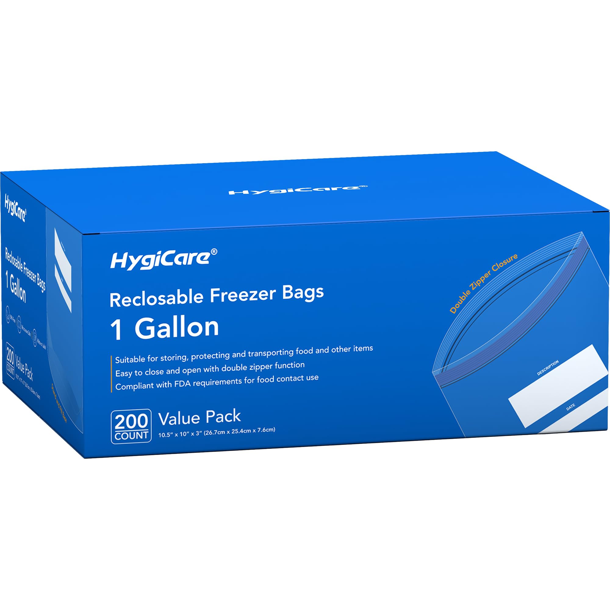 HygiCare 1 Gallon Freezer Bags, 200 Count, Reusable Resealable Bags with Double Zipper, Stand and Fill Base, Write-On Label, Microwave Safe, BPA-Free