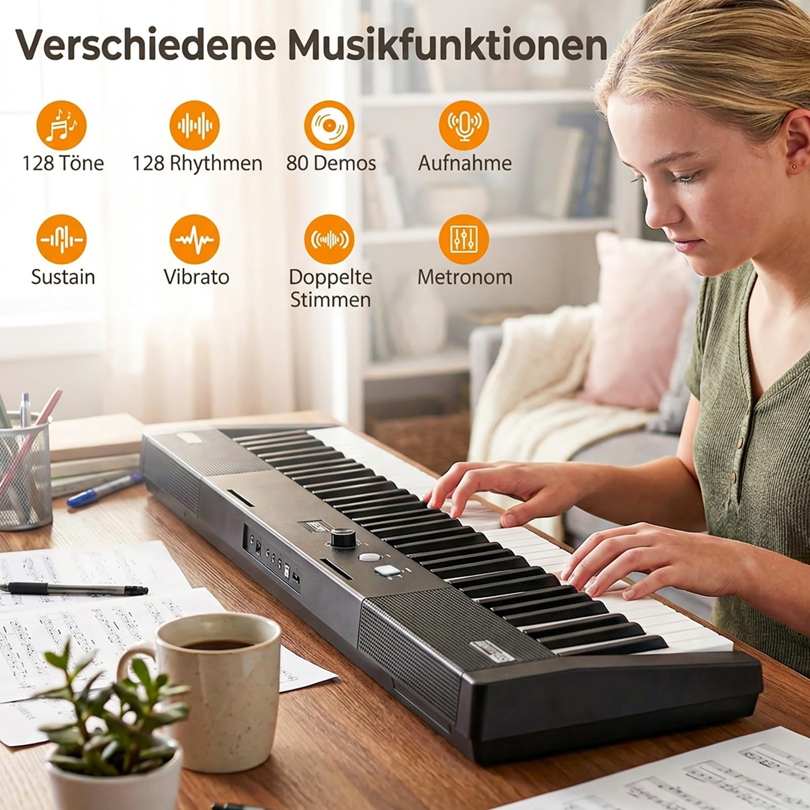 COSTWAY Keyboard Piano 61 Tasten, E-Piano mit Ständer, Hocker, Pedal & Notenaufkleber, Digitalpiano mit USB/MIDI, 128 Rhythmen, 128 Tönen & 80 Demos, E-Klavier für Anfänger, Schwarz