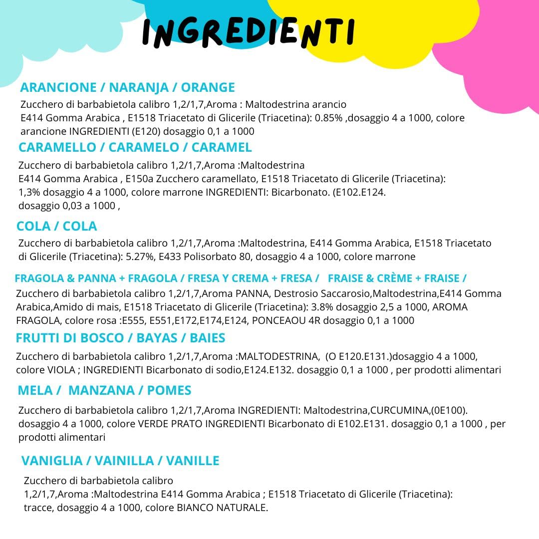 SEMAR® | Zucchero per zucchero filato - 8 gusti (8 x 100 gr) + 100 Bastoncini | AROMI (Mela/Fragola/Fragola & panna/Bosco/Menta/Pistacchio/Vaniglia/Cocco)