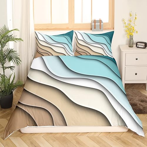 Juego de funda de edredón de olas marinas tamaño individual, juego de ropa de cama de playa costera del océano, funda de edredón abstracta de olas