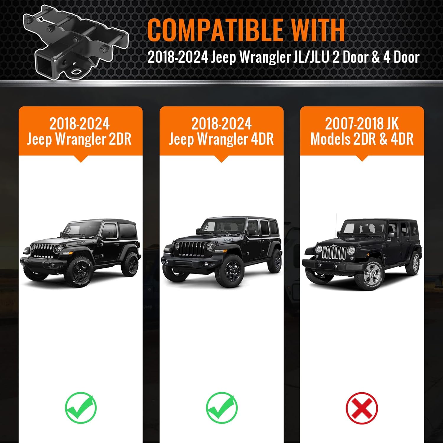 2 Inch Towing Hitch Receiver and Cover Kit Compatible for 2018-2024 Jeep Wrangler JL/JLU 2 Door & 4 Door Rear Tow Towing Trailer Hitch Receiver