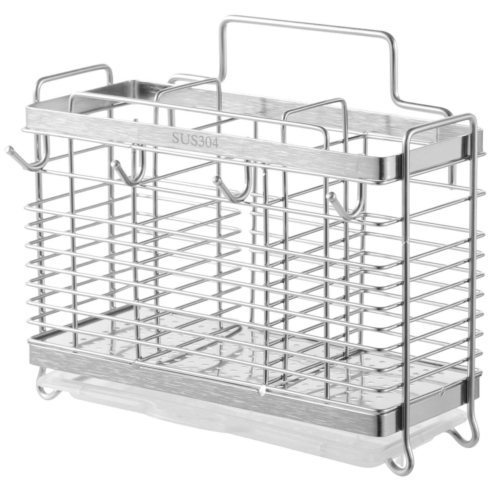 LUMINFLY Stainless Steel Utensil Holder with 3 Compartments and Drain Tray, Kitchen Cutlery Organizer with 4 Hooks for Hanging
