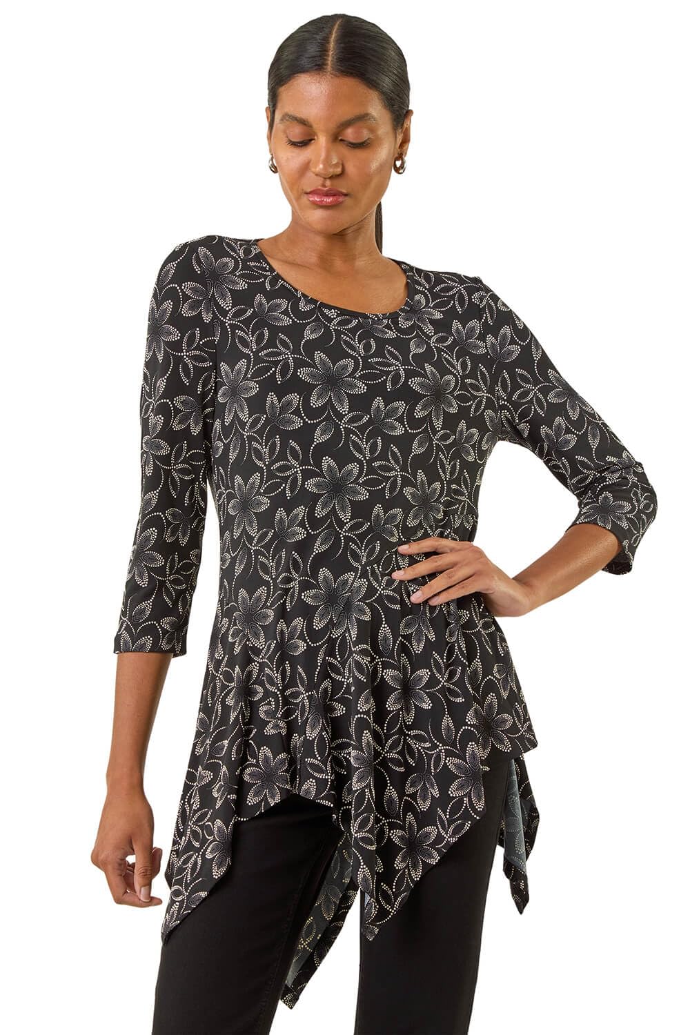 Roman Originals Women's Floral Noir Asymmetric Top Hanky Hem Blouse Stretchy Tunic Occasion Smart Casual Summer Sprint Winter Autumn Cocktail Party Evening 3/4 Short Sleeve - Size 14