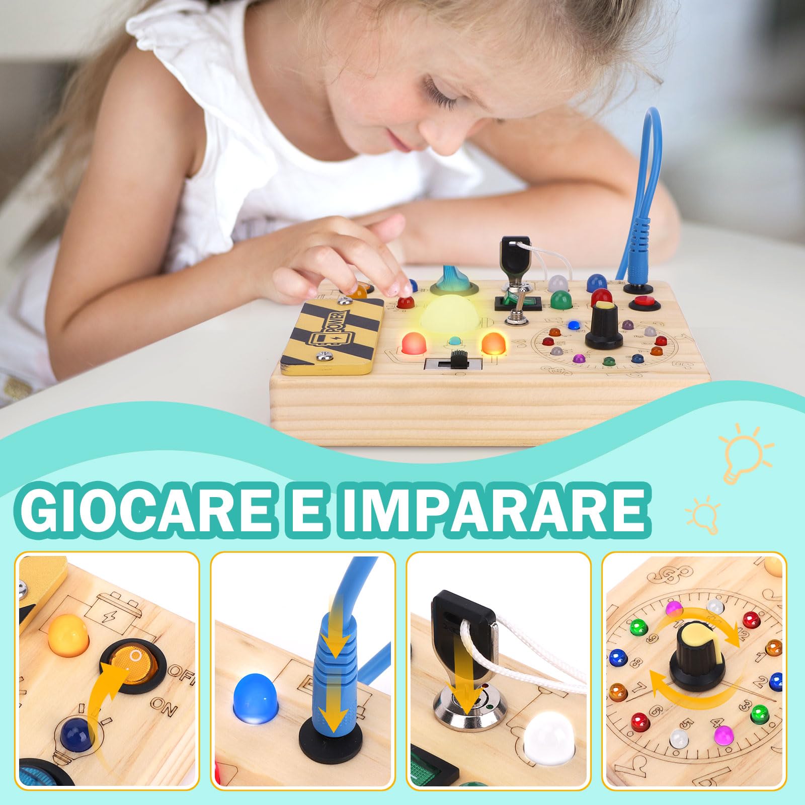 Busy Board Montessori Hukermoon - Lavagna Attività Con 8 Interruttori E 15 Luci LED Per Bambini 1-4 Anni