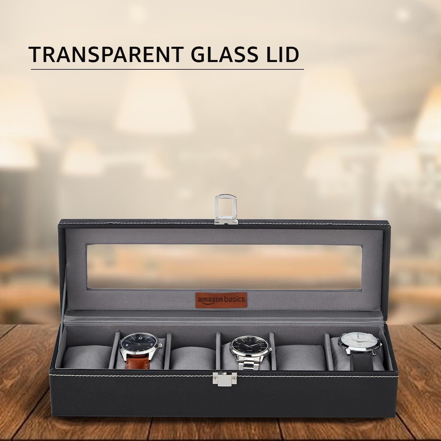 Unisex Faux Leather Watch Organiser Box with 6 Slots |Watch Organiser with Transparent Lid (Black) 4