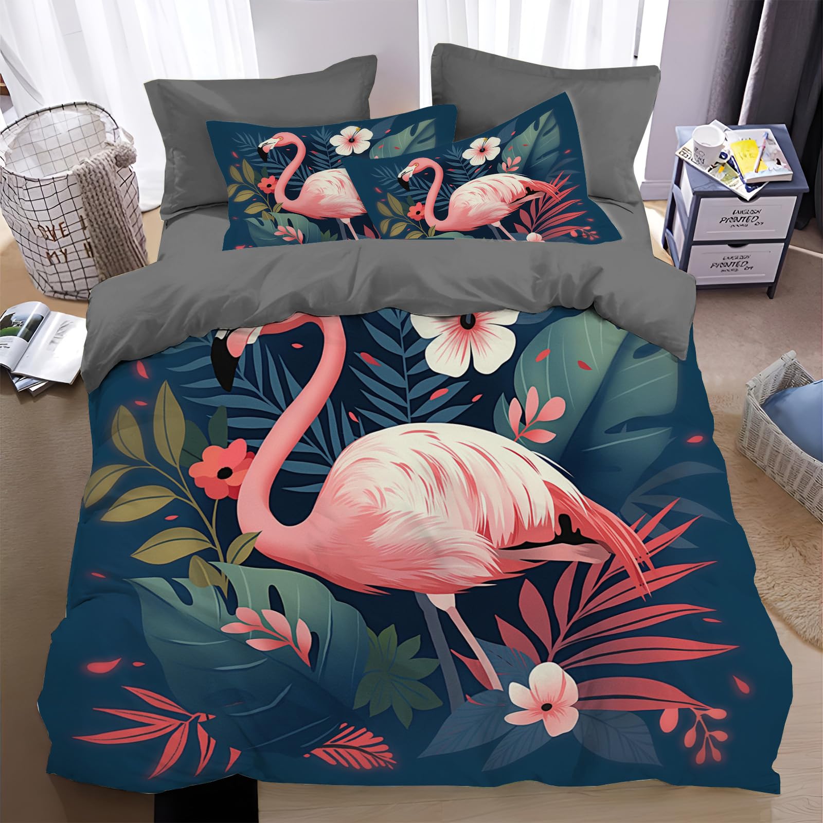Parure de lit flamant 140x200cm avec housse de couette animaux et 2 taies