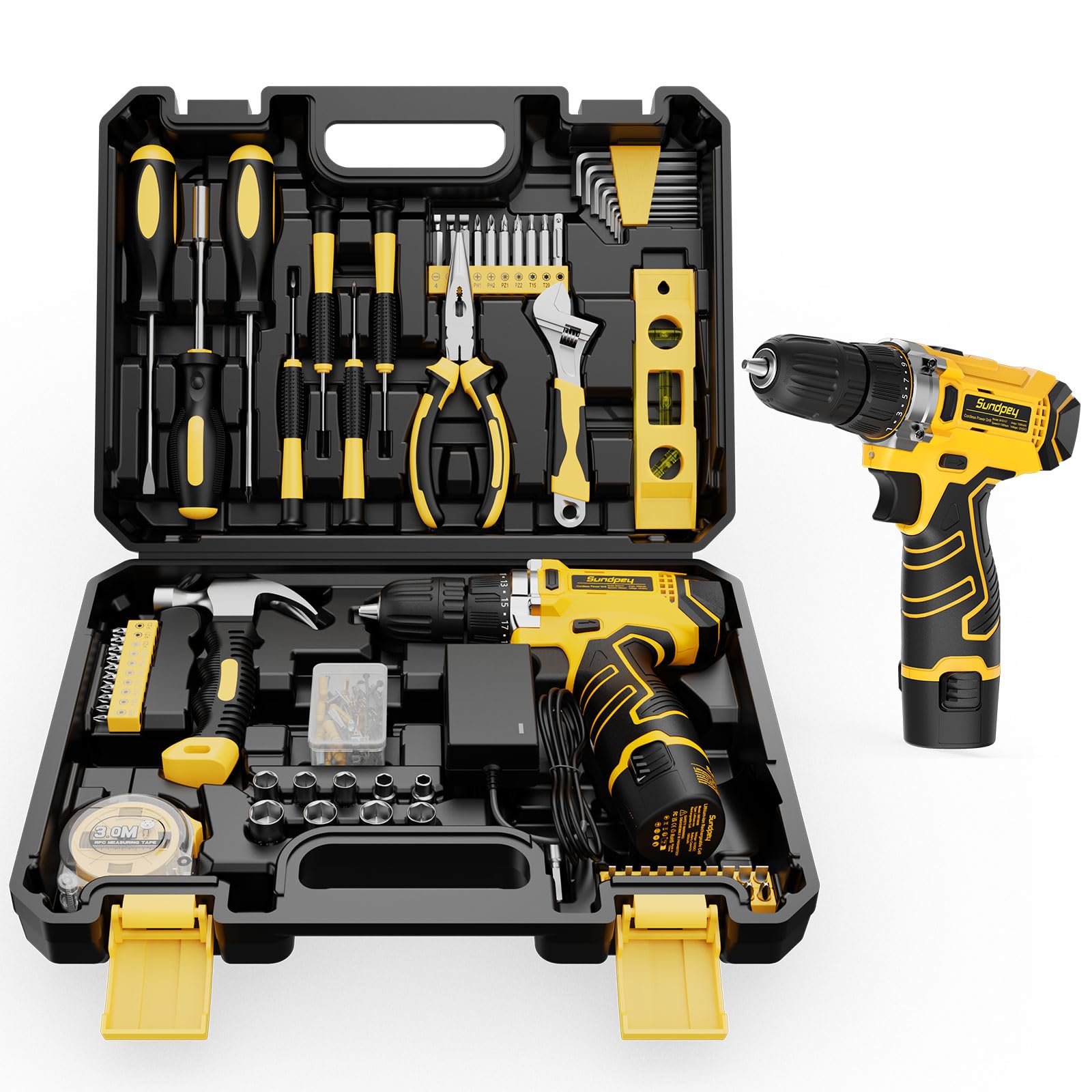 Sundpey Home Tool Kit with Drill - 166-Piece General Basic Home Repair Tool Set with 12V Cordless Power Drill & Battery & Charger & Portable Tool Box for Garden Office House Apartment Repair Men Women