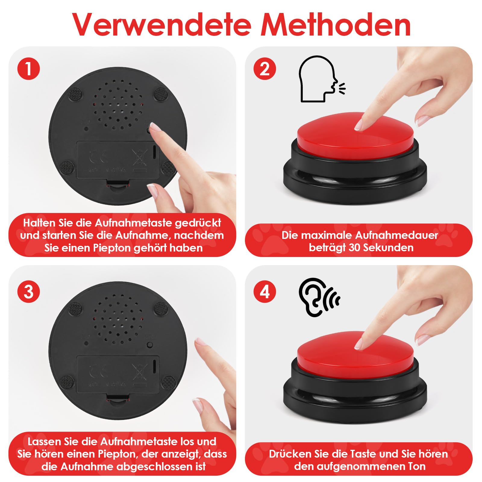 Lot de 6 buzzers avec fonction d'enregistrement, enregistrement et lecture de 30 secondes, entraînement du chien, buzzer avec son, jouet d'intelligence pour chien