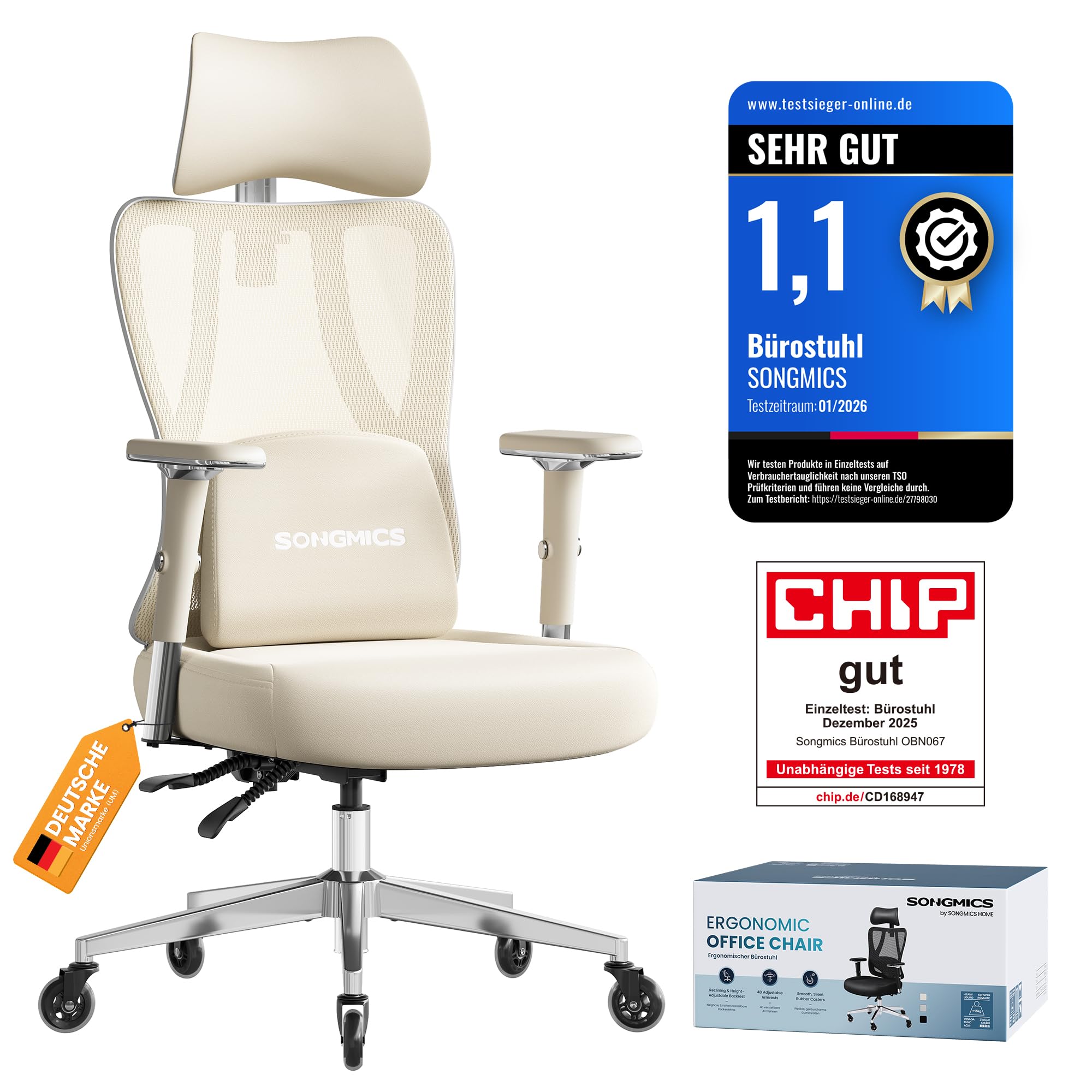 SONGMICS Bürostuhl ergonomisch, Schreibtischstuhl, Gaming-Stuhl, verstellbare Lenden-, Kopfstütze, Armlehnen, für Verschiedene Körpergröße, bis zu 150 kg belastbar, Kamelbraun- wolkenweiß OBN067LJ01