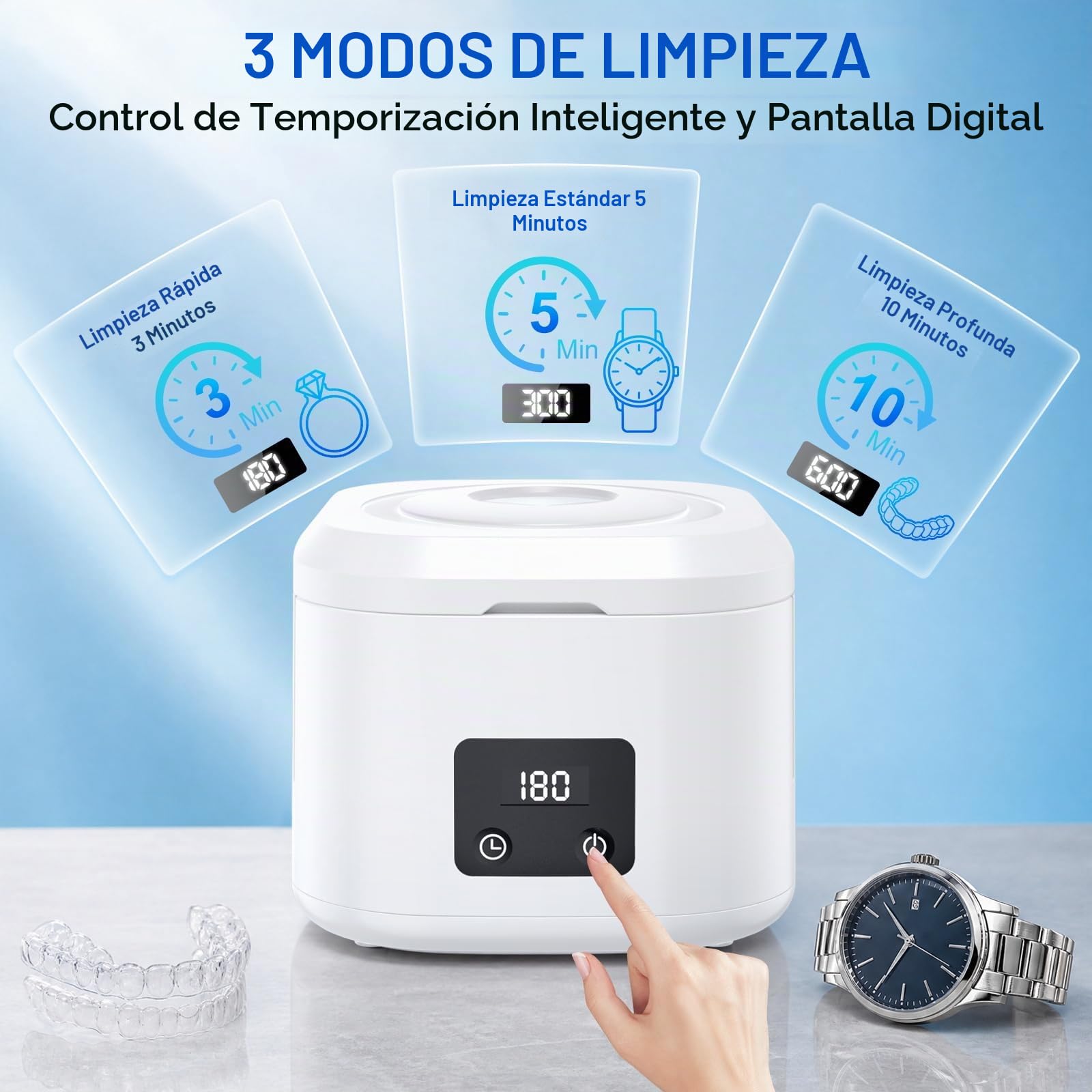 Limpiador Ultrasonidos Dental 49 kHz 340 ml, Dental Pod con 3 Modos de Limpieza y 6 Lámparas UV Esterilizantes, Ultrasonic Cleaner para Férulas, Retenedores, Alineadores, Dentaduras