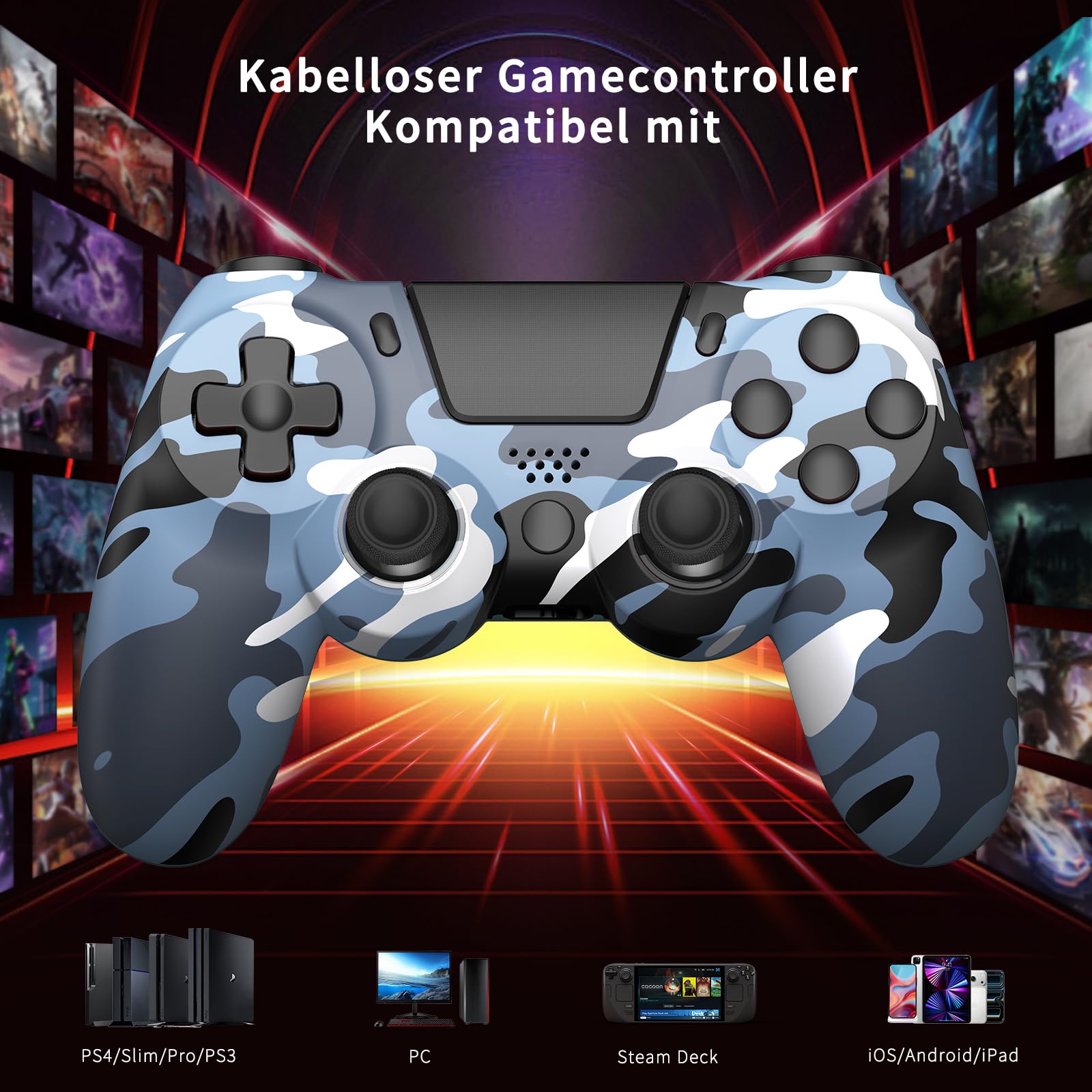 ancihdgm Wireless Controller for PS4, Game Controller kompatibel mit PS4/Pro/Slim/PC/PS3/Android/IOS Gamepad mit Dual Vibration/6-Achsen-Gyro-Sensor/Touchpanel/Kopfhörerbuchse