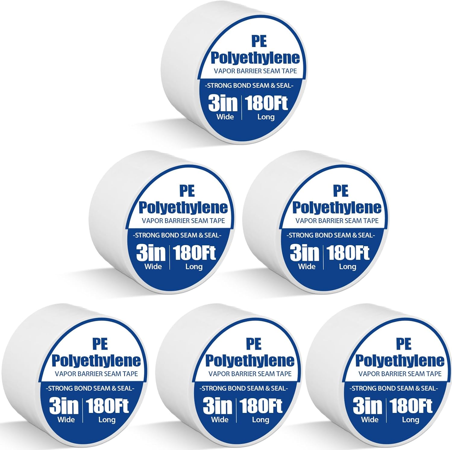 Treela 6-Pack 3" x 180' 9 Mil White Vapor Barrier Tape - Polyethylene Seam Sealer for Crawl Spaces, Underlayment & Insulation