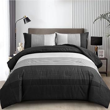 WONGS BEDDING Black Comforter Set Queen, Reversible Black Grey Stripe Down Alternative Comforter for All Season,3 Pieces1 Patchwork Comforter+2 Pillowcases, Soft Microfiber Bedding Set 90"90"